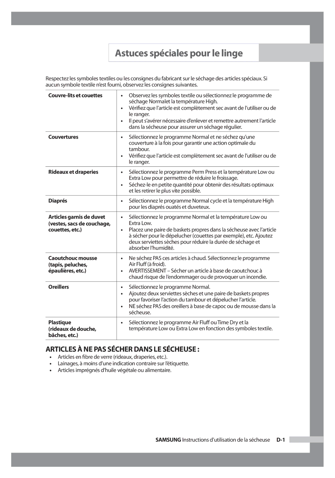 Samsung DC68-02347B-FR manuel dutilisation Astuces spéciales pour le linge, Articles À NE PAS Sécher Dans LE Sécheuse 