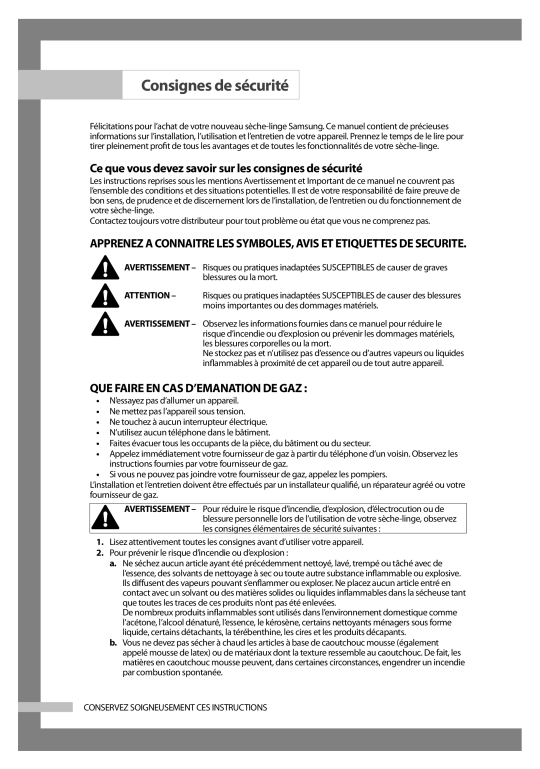 Samsung DC68-02347B-FR manuel dutilisation Consignes de sécurité, Ce que vous devez savoir sur les consignes de sécurité 