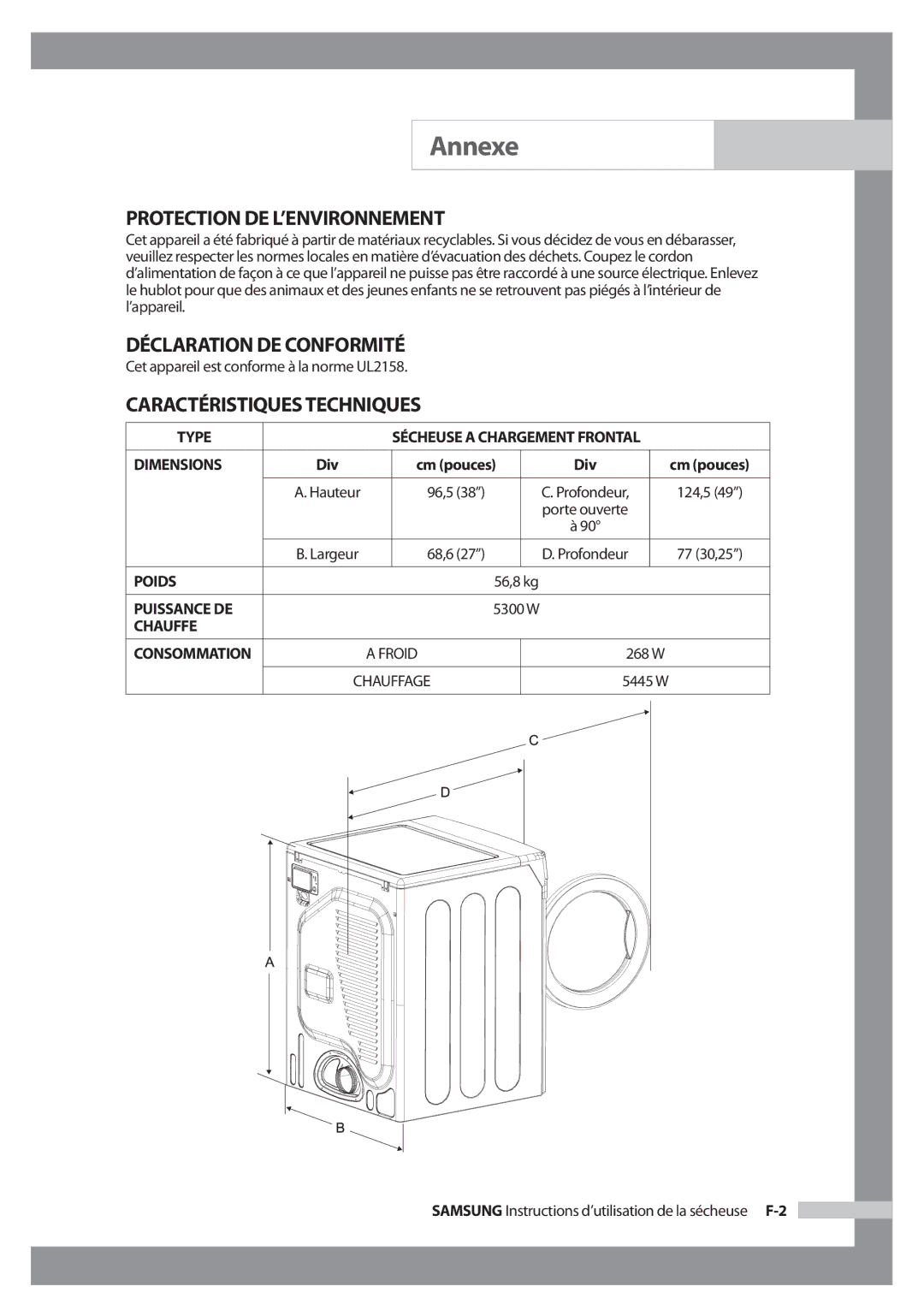 Samsung DC68-02347B-FR Protection DE L’ENVIRONNEMENT, Déclaration DE Conformité, Caractéristiques Techniques 