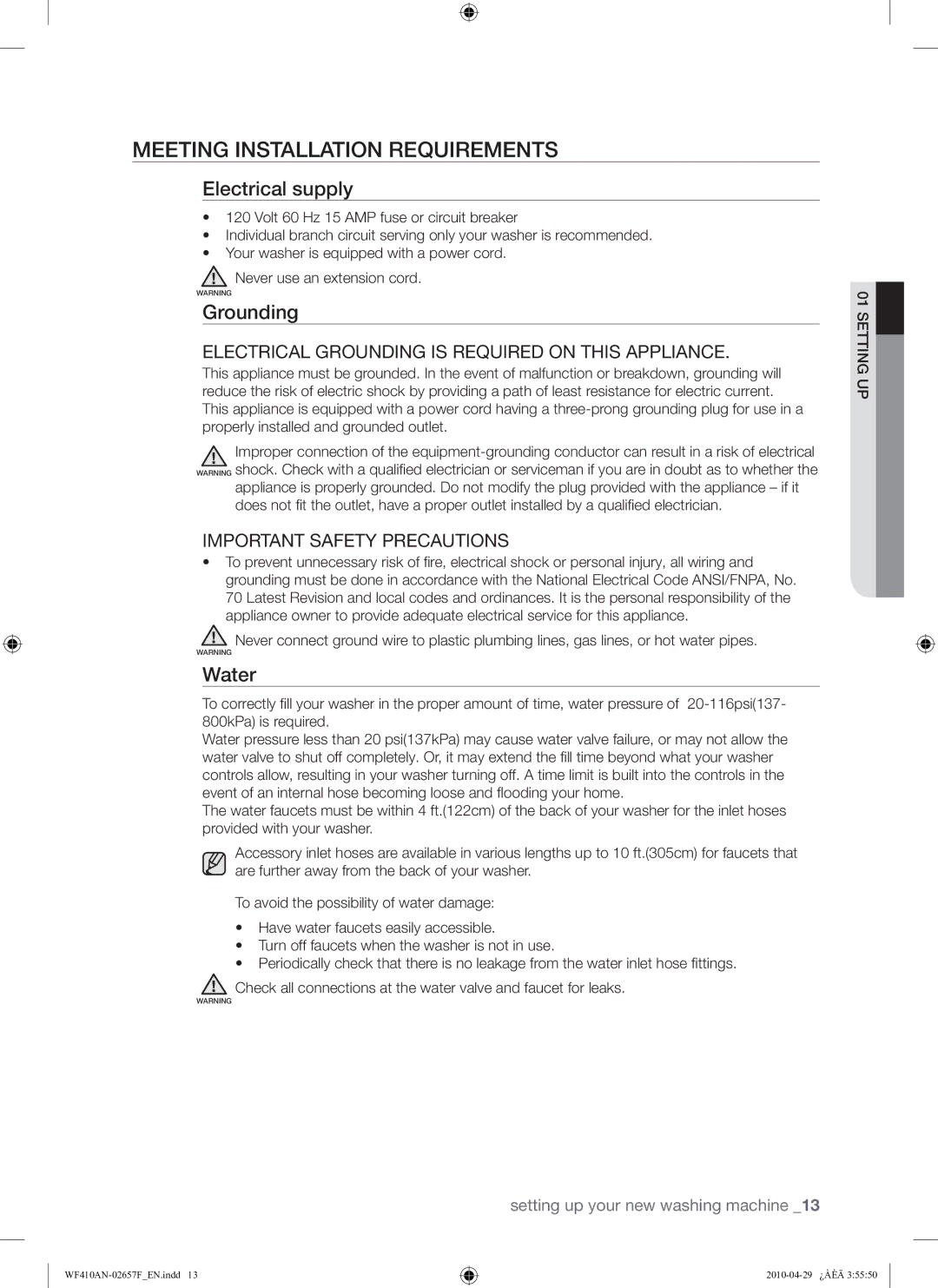 Samsung DC68-02657F user manual Meeting Installation Requirements, Electrical supply, Grounding, Water 