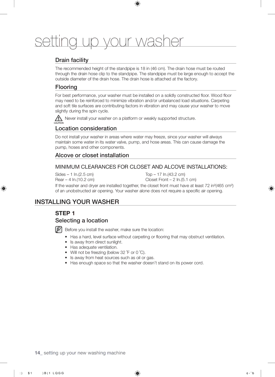 Samsung DC68-02657F user manual Installing Your Washer 