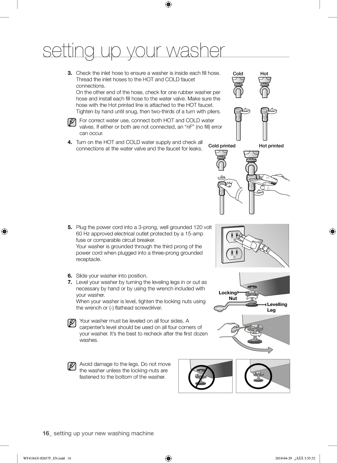 Samsung DC68-02657F user manual Connections at the water valve and the faucet for leaks, Locking Nut Levelling Leg 