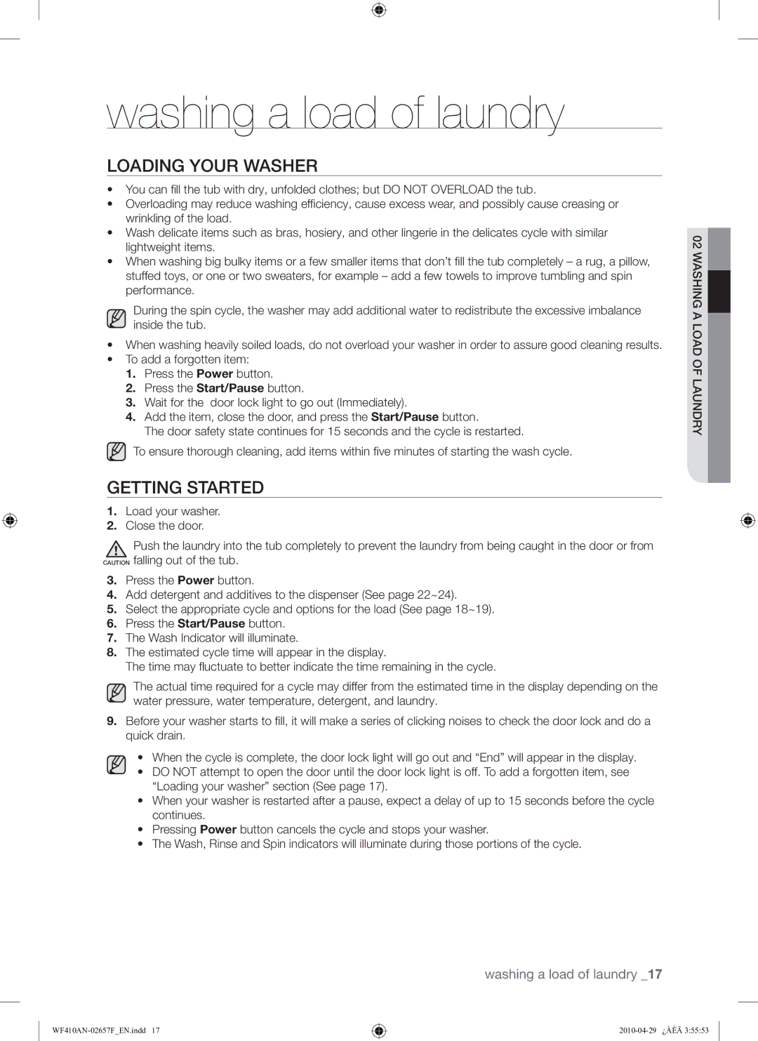 Samsung DC68-02657F user manual Washing a load of laundry, Loading Your Washer, Getting Started 