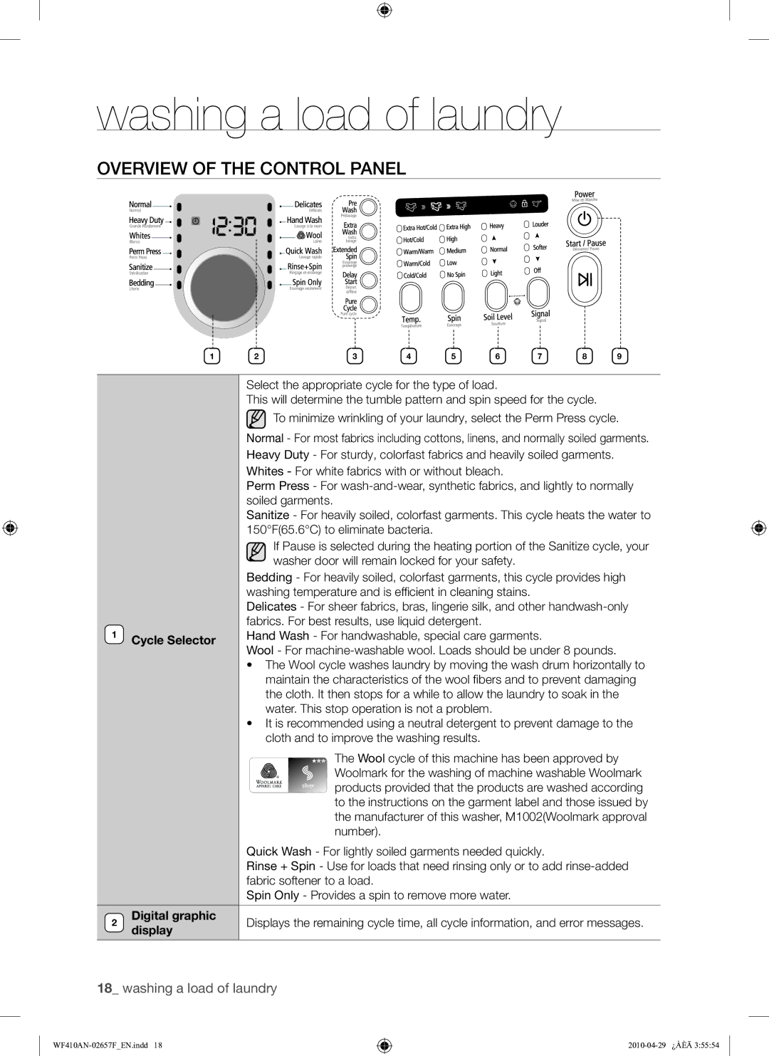 Samsung DC68-02657F user manual Overview of the Control Panel, Cycle Selector, Digital graphic, Display 