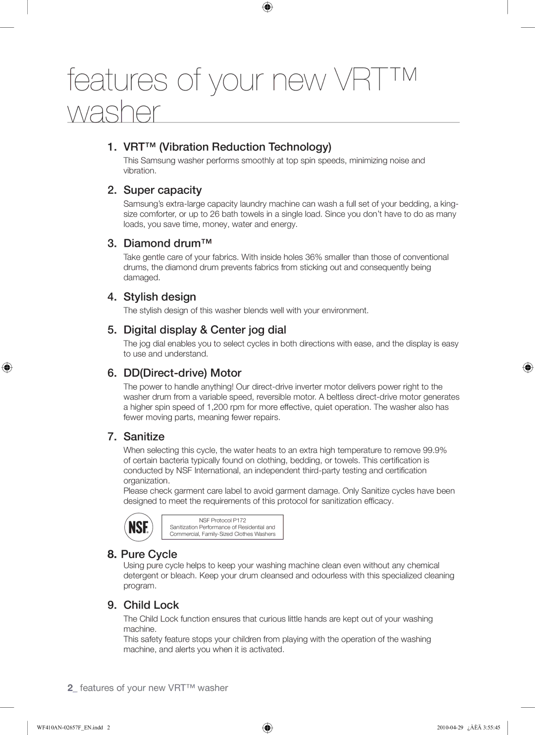 Samsung DC68-02657F user manual Features of your new VRT washer 