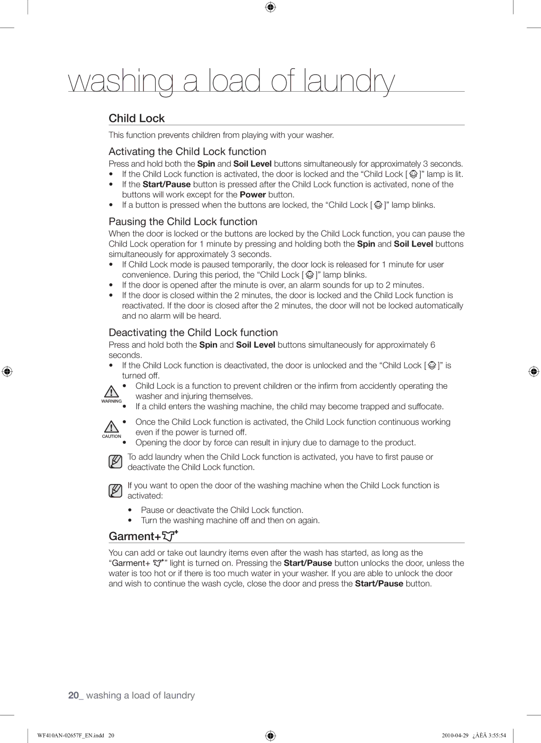 Samsung DC68-02657F user manual Garment+, Activating the Child Lock function, Pausing the Child Lock function 