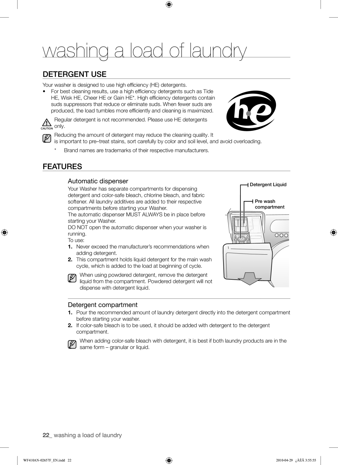 Samsung DC68-02657F user manual Detergent USE, Features, Automatic dispenser, Detergent compartment 