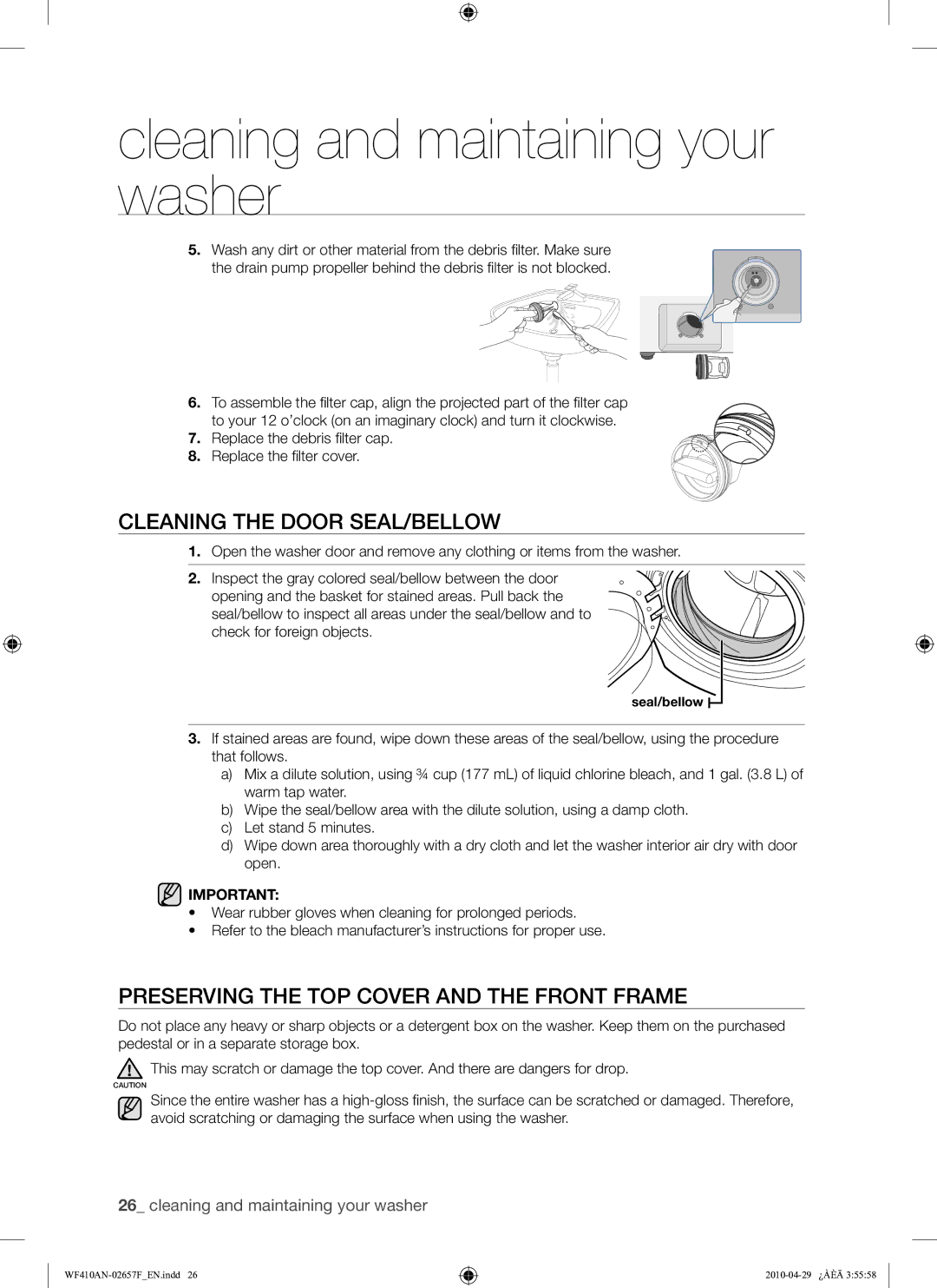 Samsung DC68-02657F user manual Cleaning the Door SEAL/BELLOW, Preserving the TOP Cover and the Front Frame 