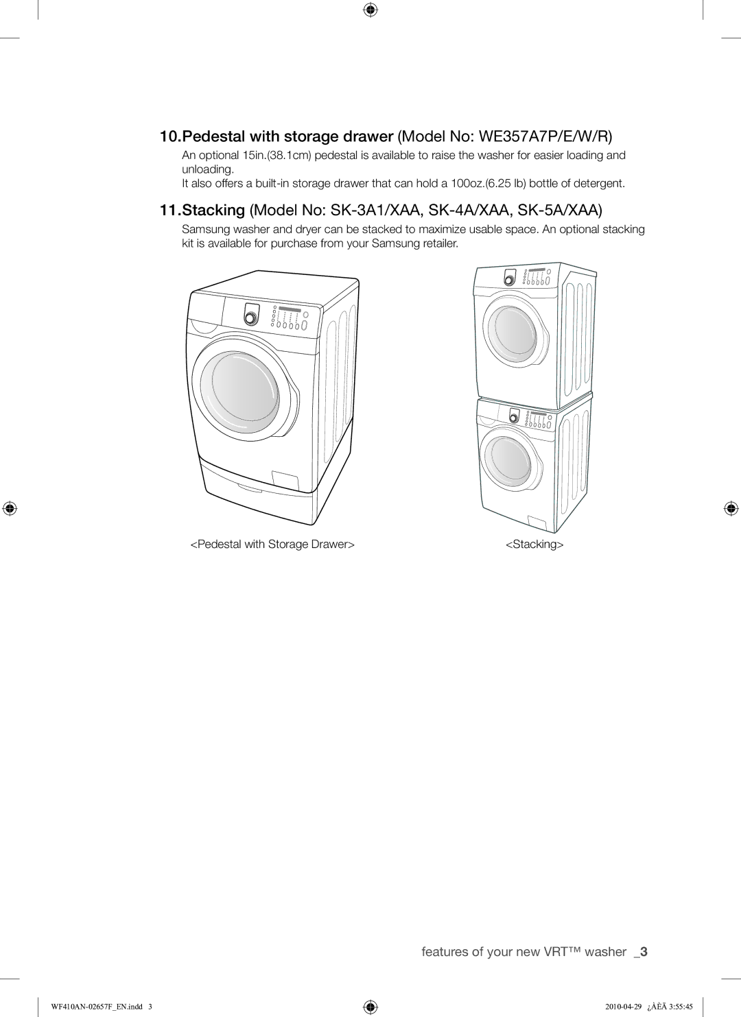 Samsung DC68-02657F user manual Pedestal with storage drawer Model No WE357A7P/E/W/R 