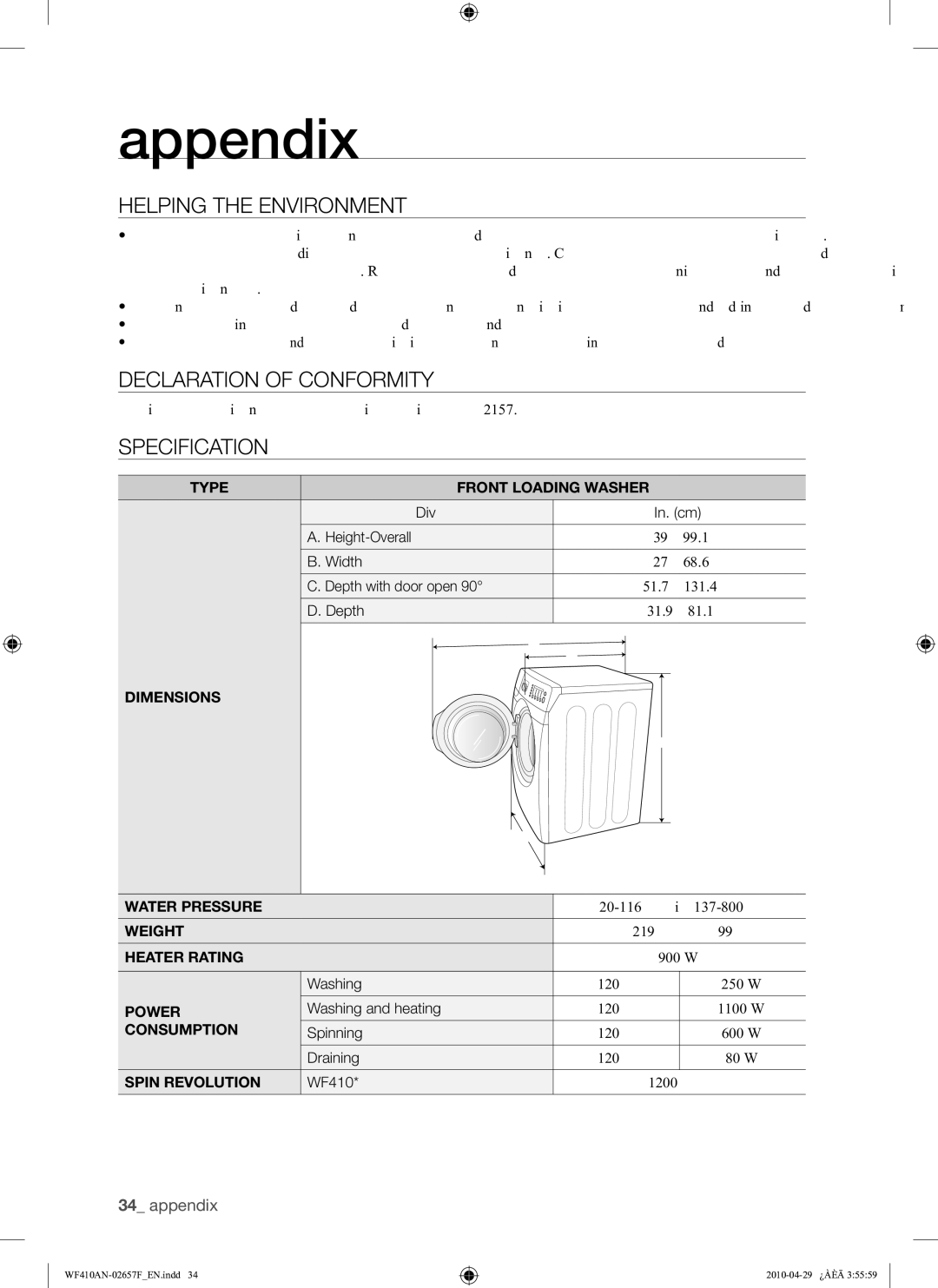 Samsung DC68-02657F user manual Helping the Environment, Declaration of Conformity, Specification 