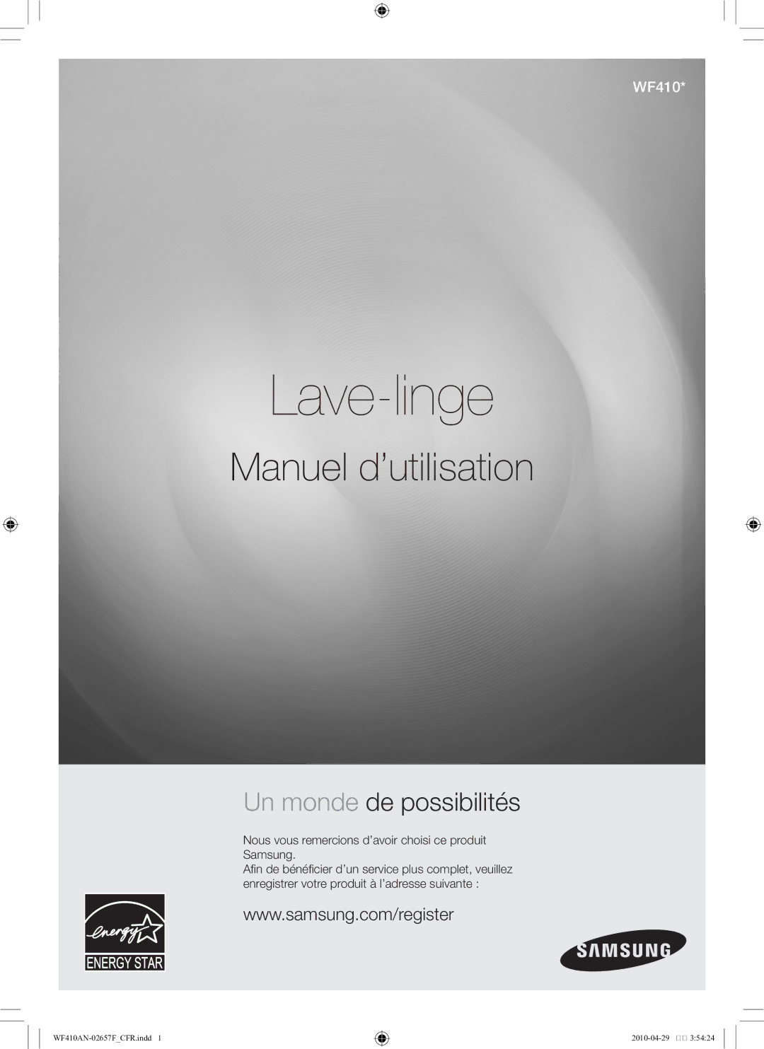 Samsung DC68-02657F user manual Lave-linge, Nous vous remercions d’avoir choisi ce produit Samsung 