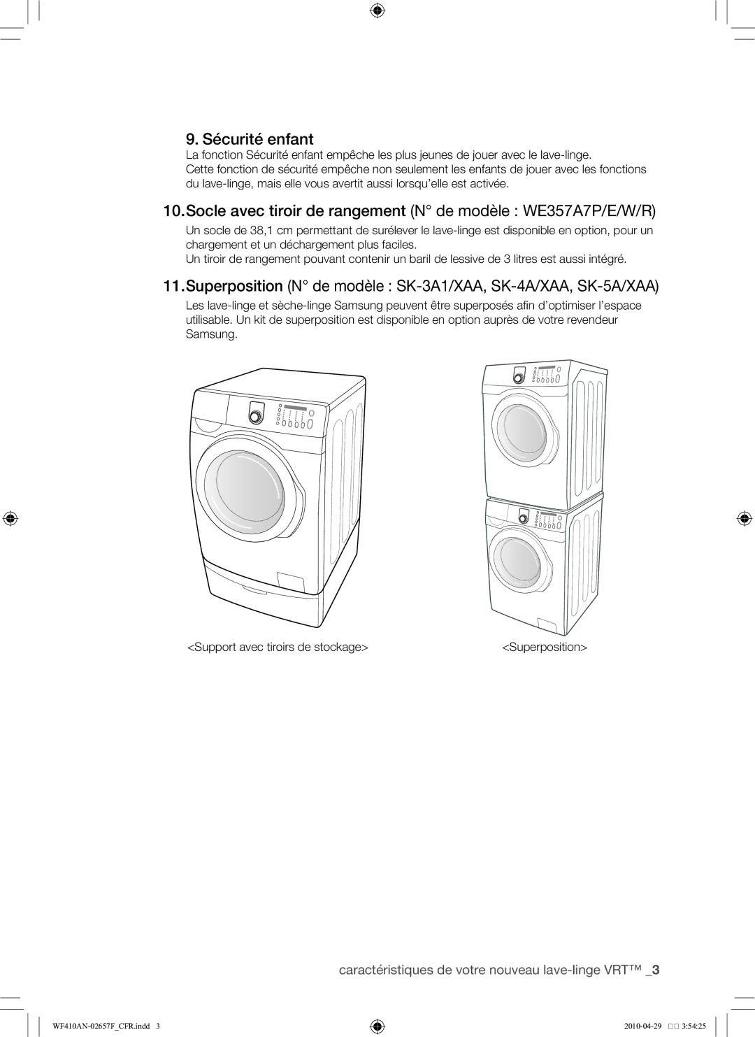 Samsung DC68-02657F user manual Sécurité enfant, Socle avec tiroir de rangement N de modèle WE357A7P/E/W/R 