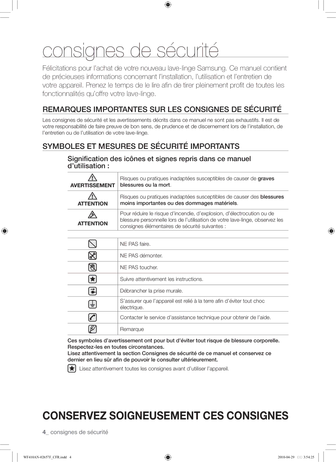 Samsung DC68-02657F user manual Consignes de sécurité, Remarques importantes sur les consignes de sécurité, Avertissement 