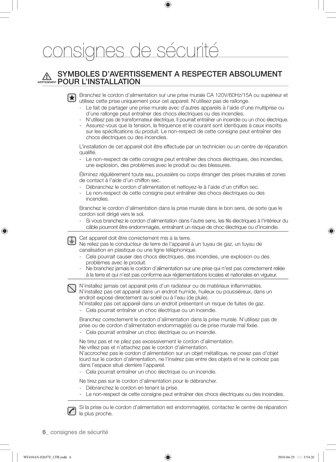 Samsung DC68-02657F user manual Cela pourrait entraîner un choc électrique ou un incendie 