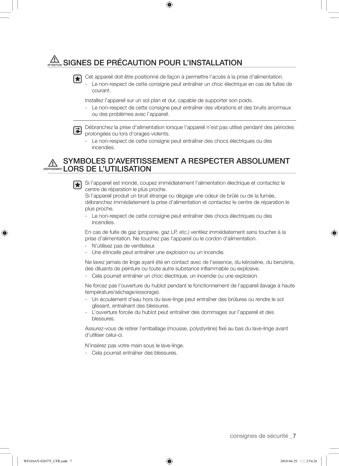 Samsung DC68-02657F user manual Consignes de sécurité 