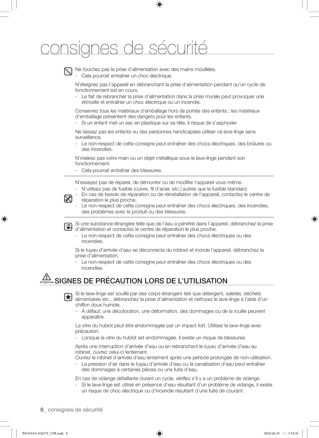 Samsung DC68-02657F user manual Consignes de sécurité 