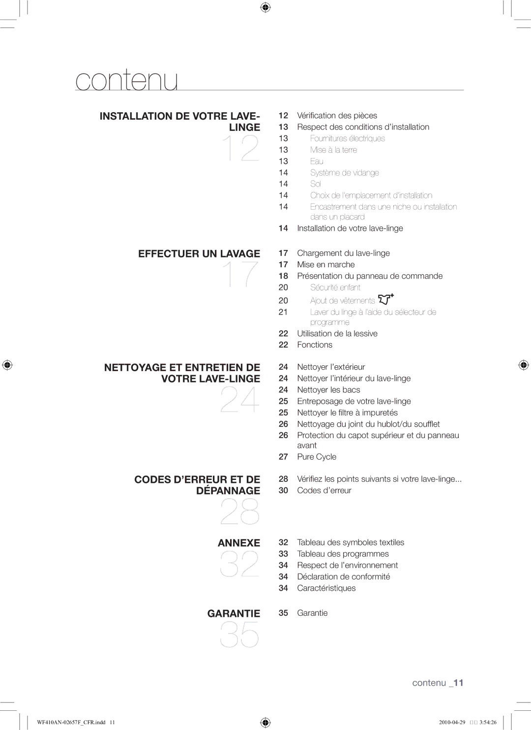 Samsung DC68-02657F user manual Contenu, Installation de votre lave- linge 