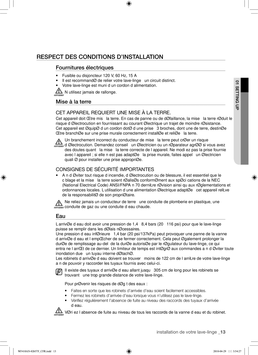 Samsung DC68-02657F Respect des conditions d’installation, Fournitures électriques, Mise à la terre, Eau, Ingtteus 