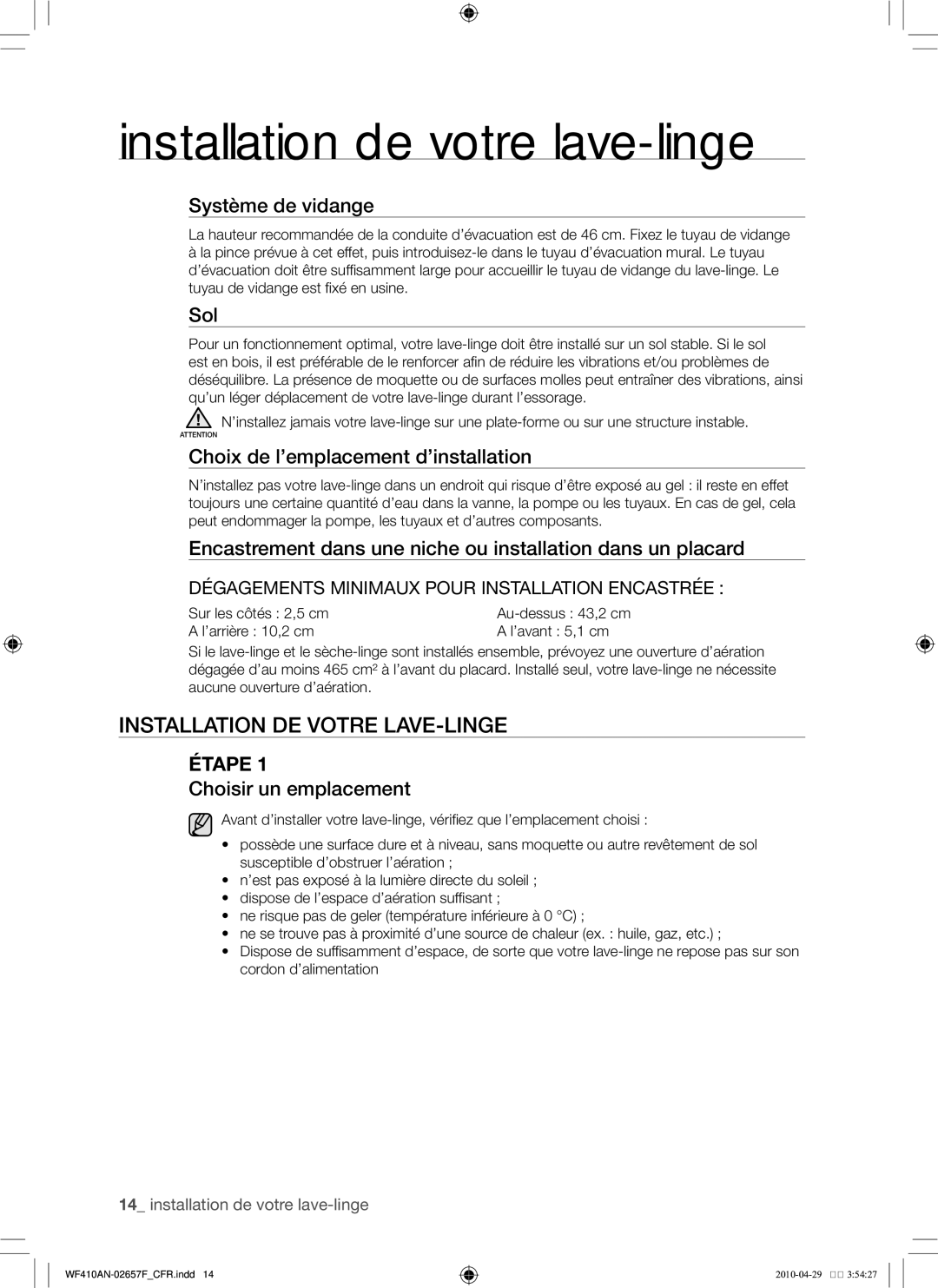 Samsung DC68-02657F user manual Installation de votre lave-linge 