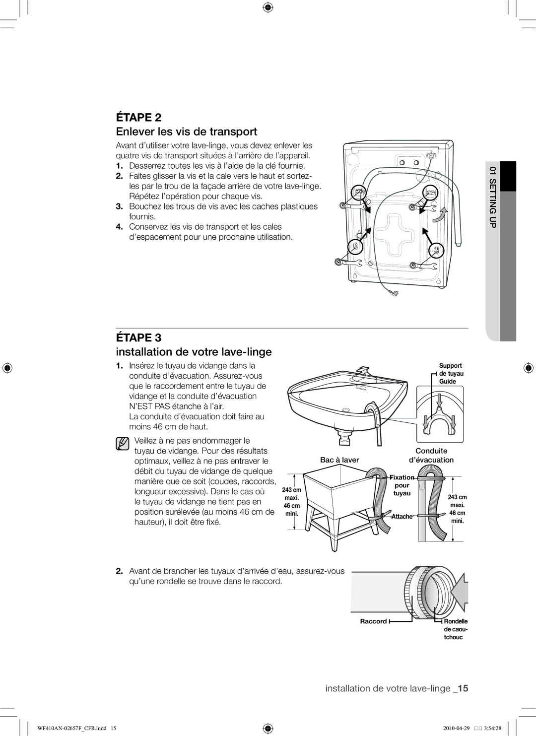 Samsung DC68-02657F user manual Enlever les vis de transport, Installation de votre lave-linge 