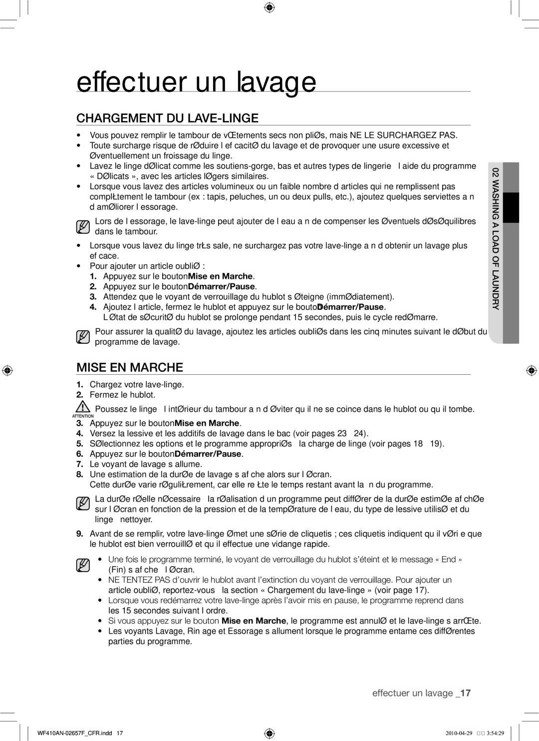 Samsung DC68-02657F user manual Effectuer un lavage, Chargement du lave-linge, Mise en marche, Dr f olaund Shing a 02loaWa 