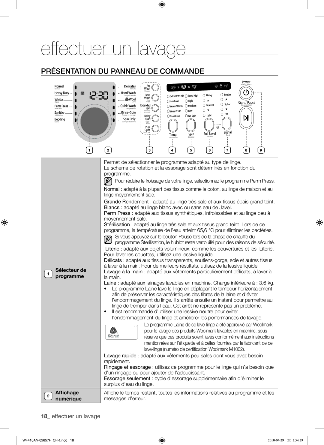 Samsung DC68-02657F Présentation du panneau de commande, Sélecteur de, Programme, Affichage, Numérique Messages d’erreur 