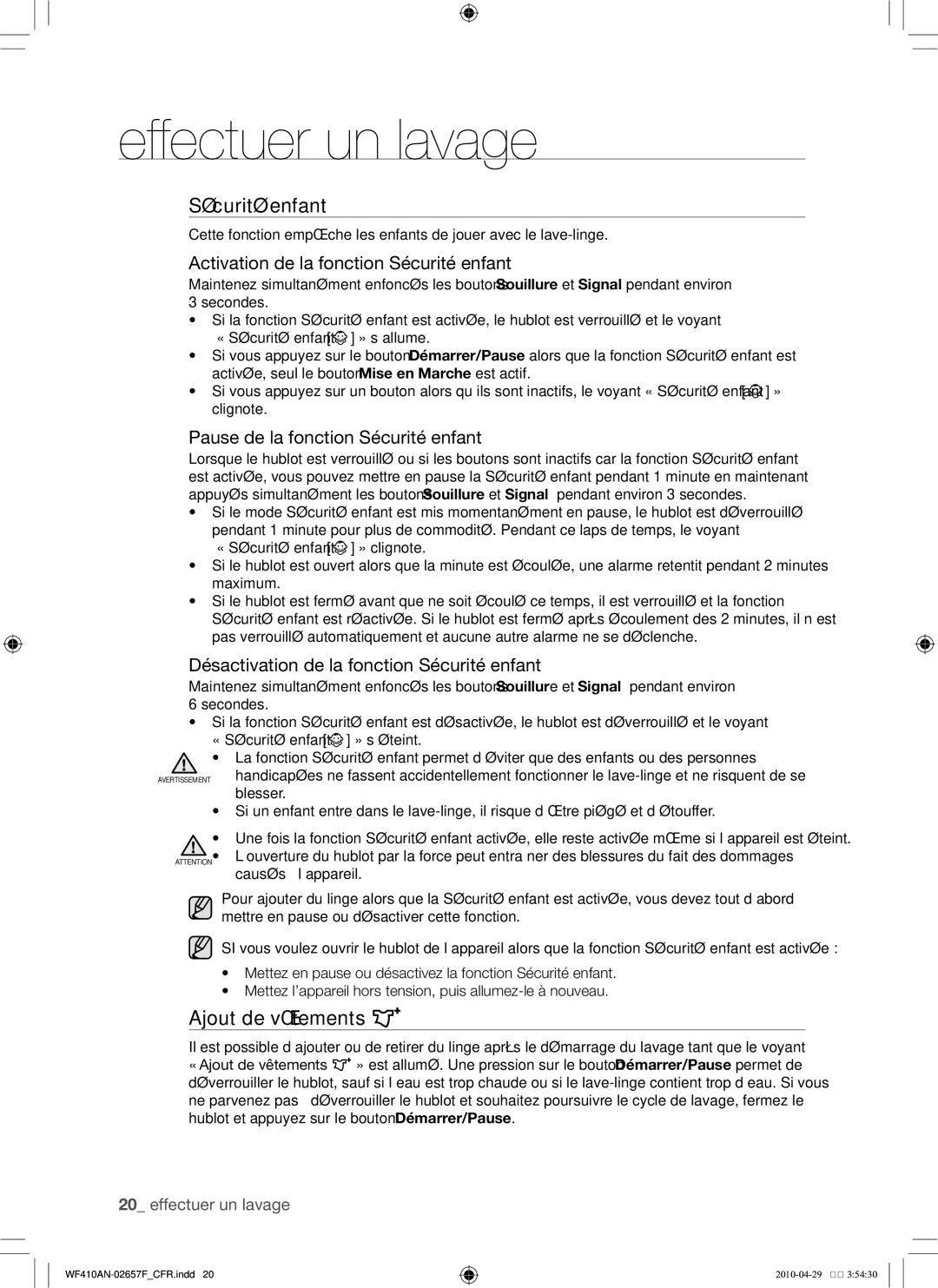 Samsung DC68-02657F Ajout de vêtements, Activation de la fonction Sécurité enfant, Pause de la fonction Sécurité enfant 