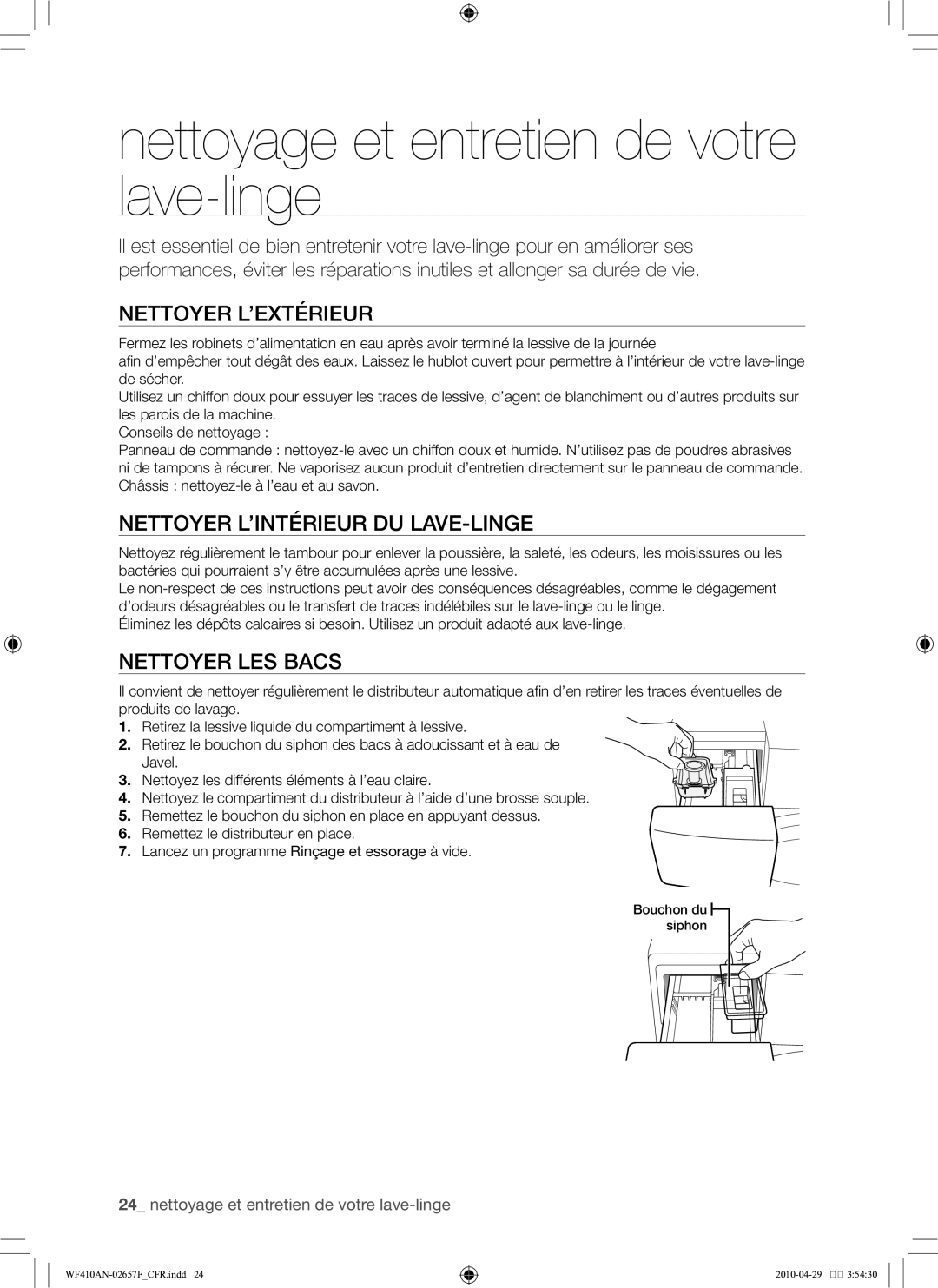 Samsung DC68-02657F Nettoyage et entretien de votre lave-linge, Nettoyer l’extérieur, Nettoyer l’intérieur du lave-linge 