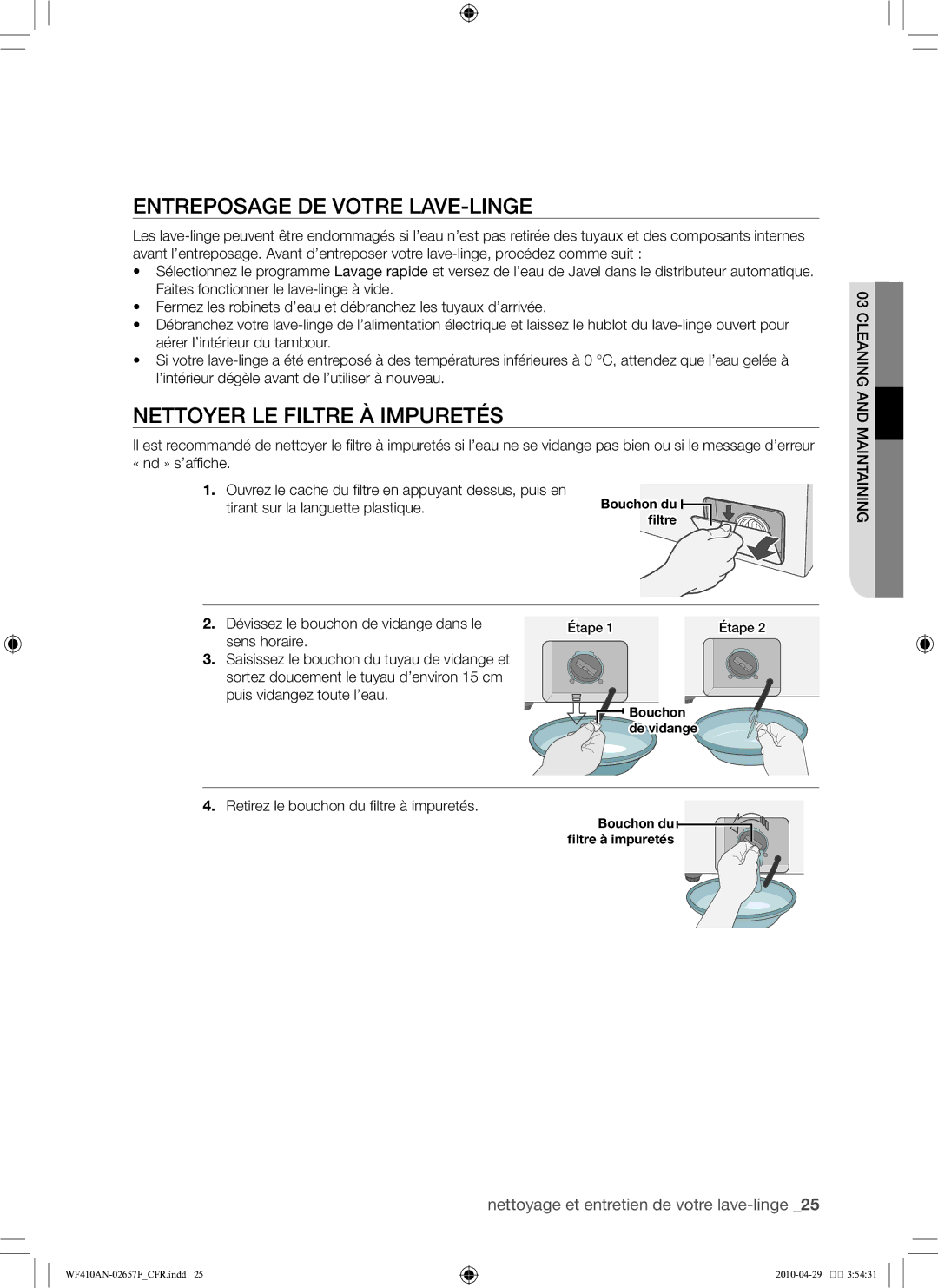 Samsung DC68-02657F Entreposage de votre lave-linge, Nettoyer le filtre à impuretés, Tirant sur la languette plastique 