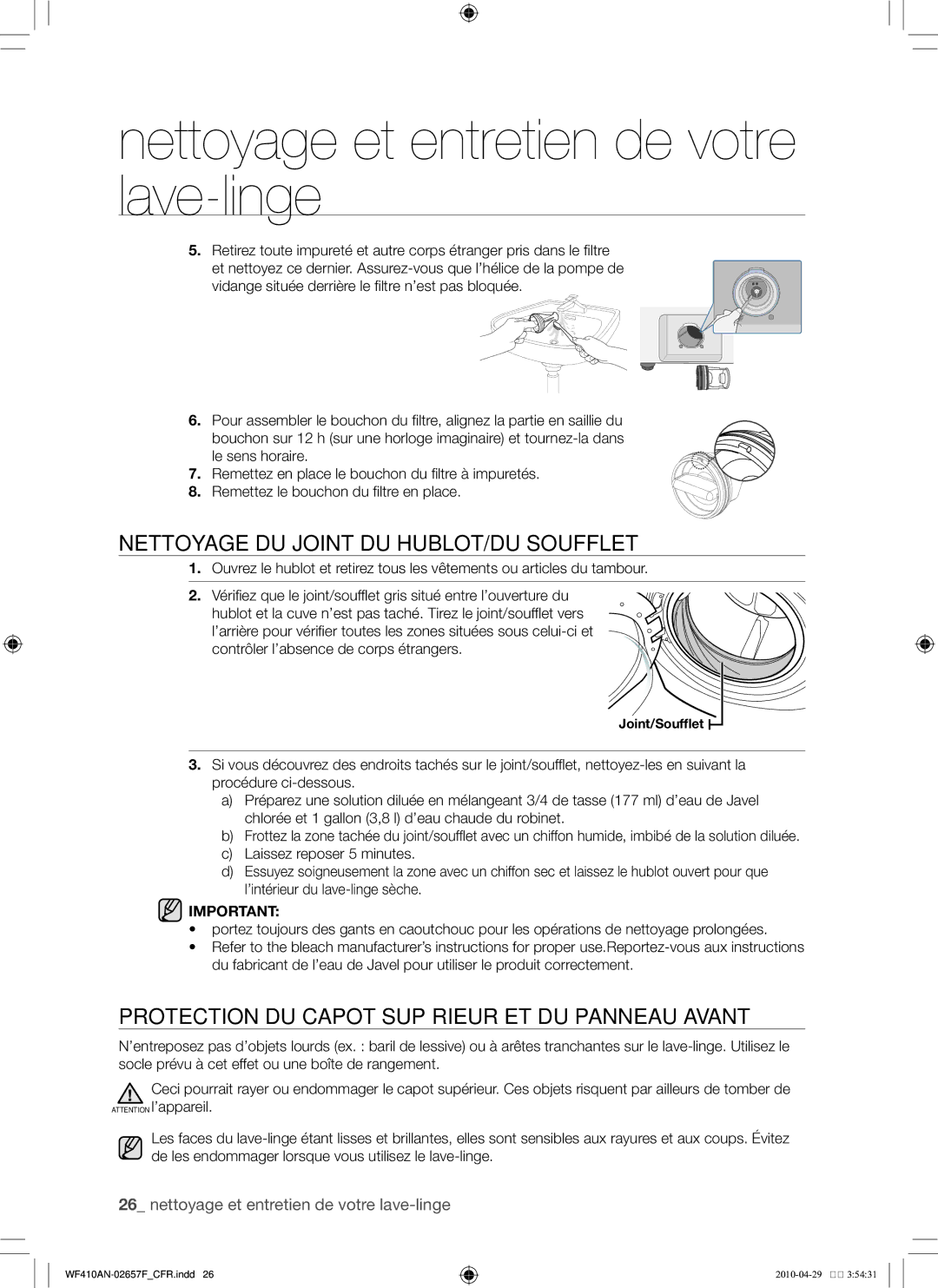 Samsung DC68-02657F user manual Nettoyage du joint du hublot/du soufflet, Protection du capot supérieur et du panneau avant 