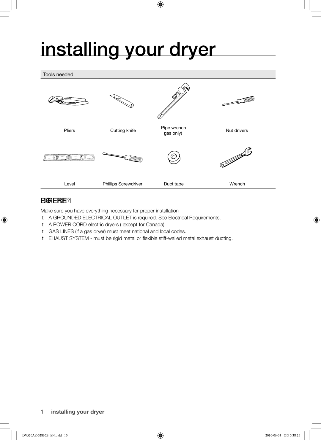 Samsung DC68-02836B user manual Basic requirments, Tools needed 