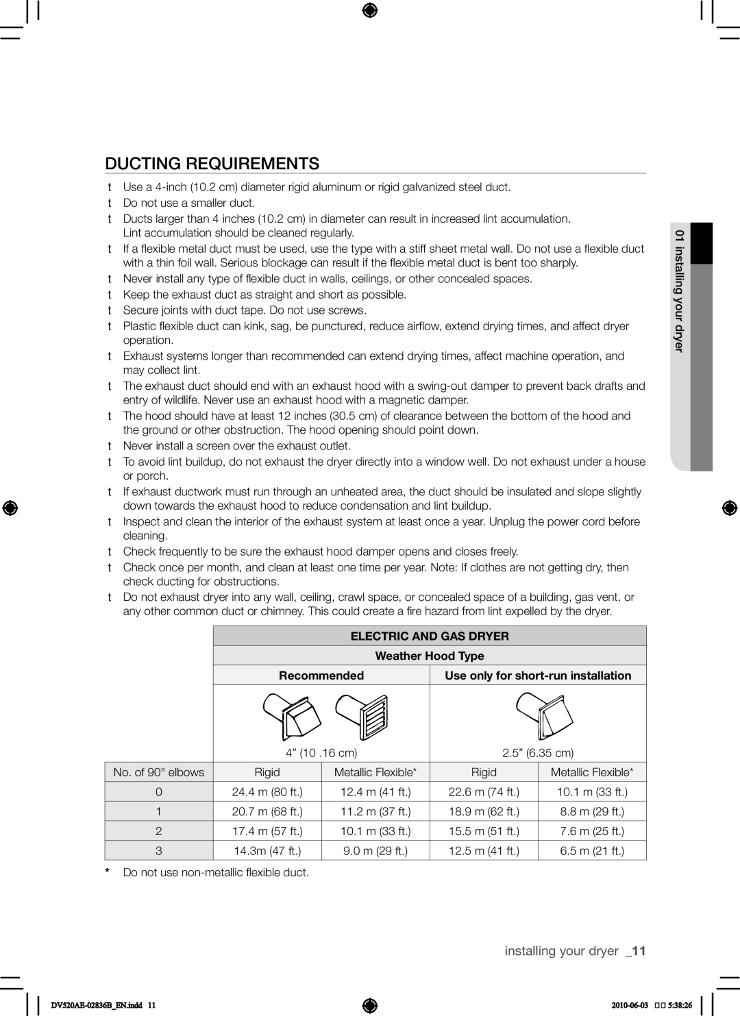 Samsung DC68-02836B user manual Ducting requirements, Electric and GAS Dryer, Weather Hood Type 