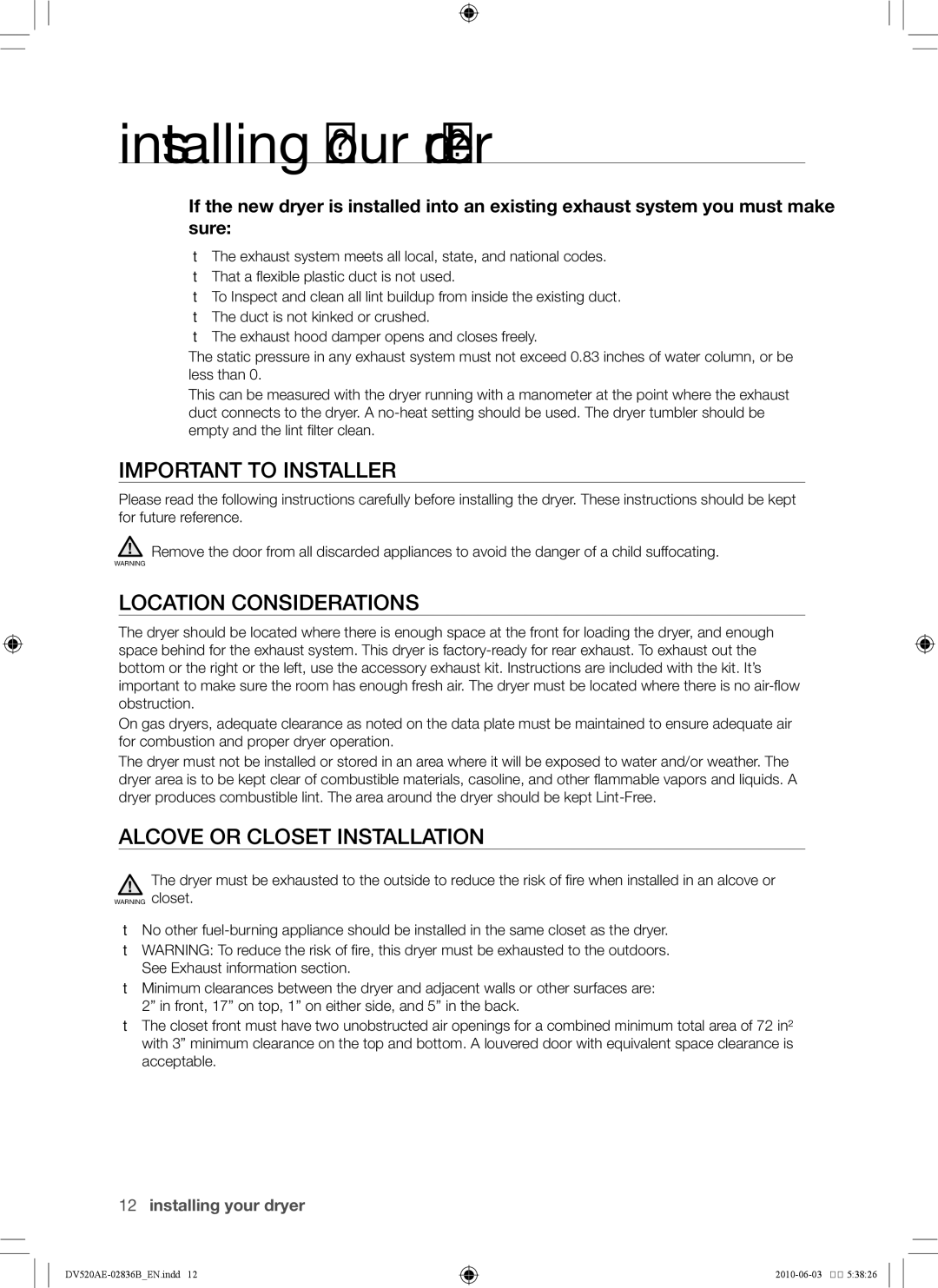 Samsung DC68-02836B user manual Important to installer, Location considerations, Alcove or closet installation 