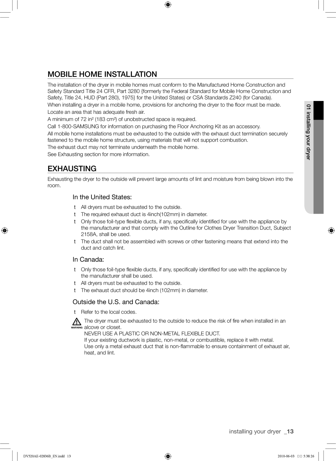 Samsung DC68-02836B user manual Mobile home installation, Exhausting, United States, Outside the U.S. and Canada 