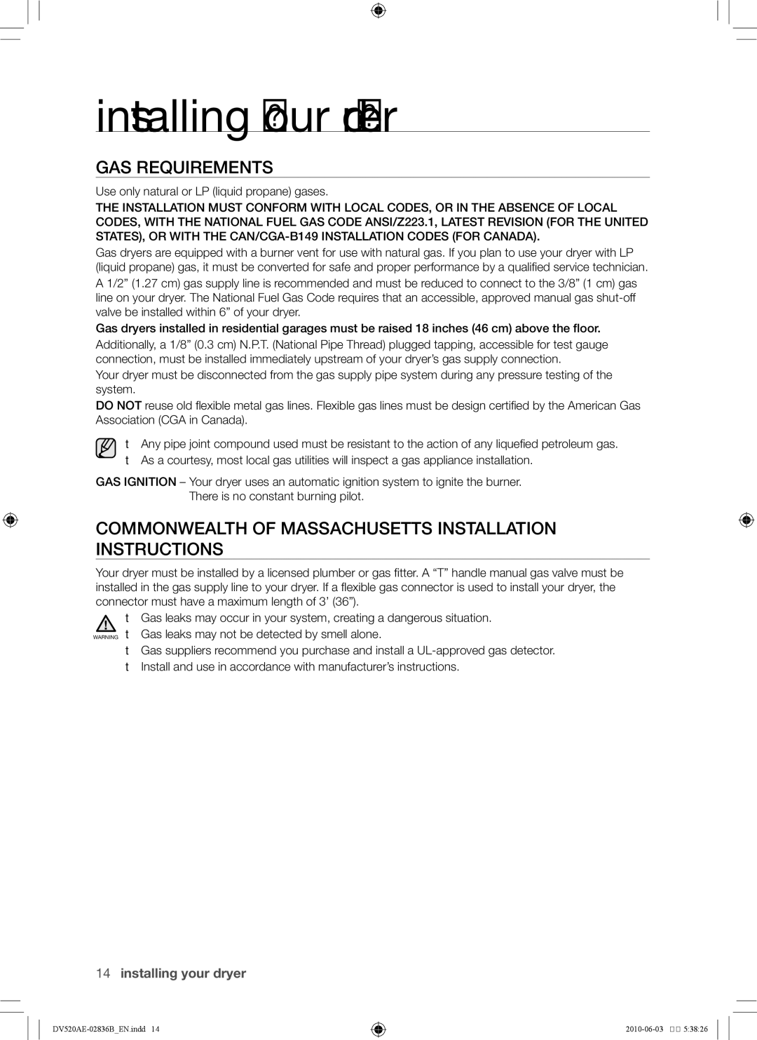 Samsung DC68-02836B user manual Gas requirements, Commonwealth of Massachusetts installation instructions 