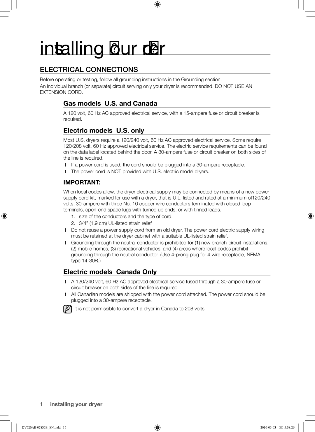 Samsung DC68-02836B user manual Electrical connections, Gas models U.S. and Canada, Electric models U.S. only 