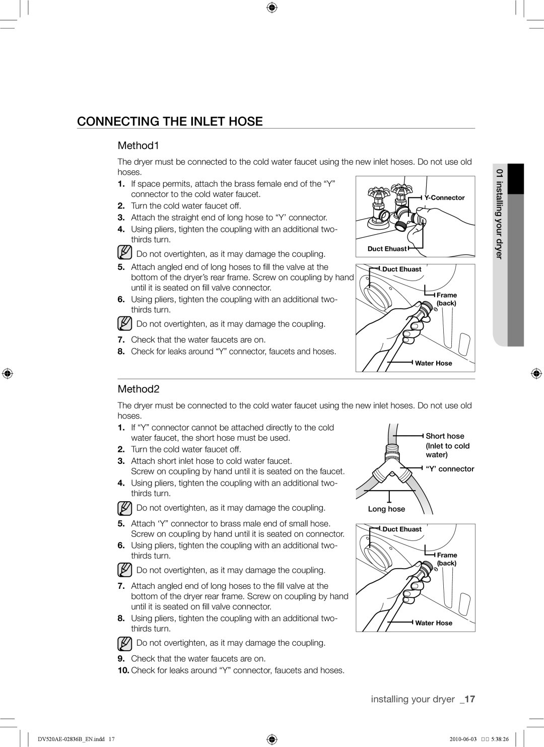 Samsung DC68-02836B user manual Connecting the inlet hose, Method1, Method2 