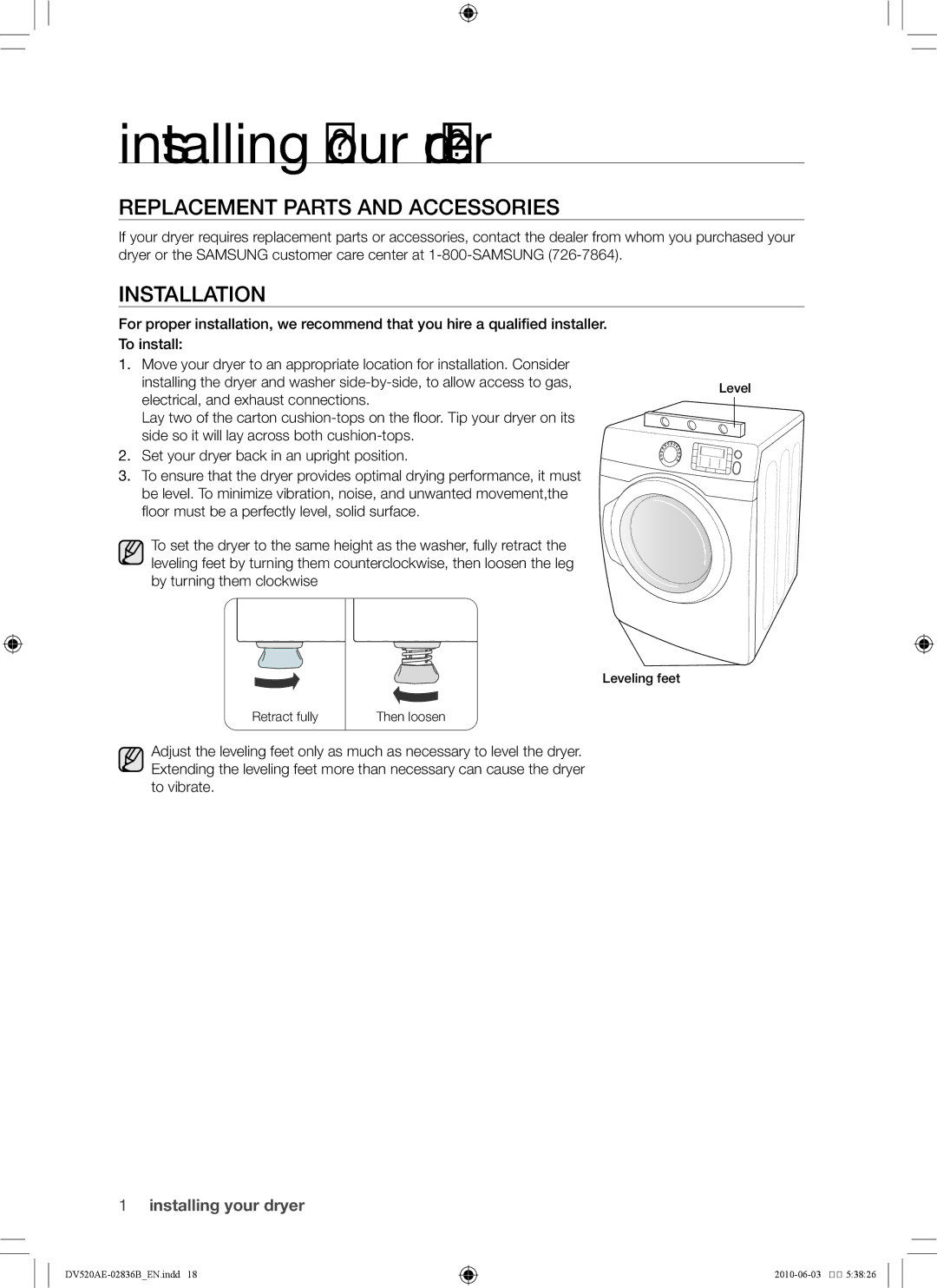 Samsung DC68-02836B user manual Replacement parts and accessories, Installation 