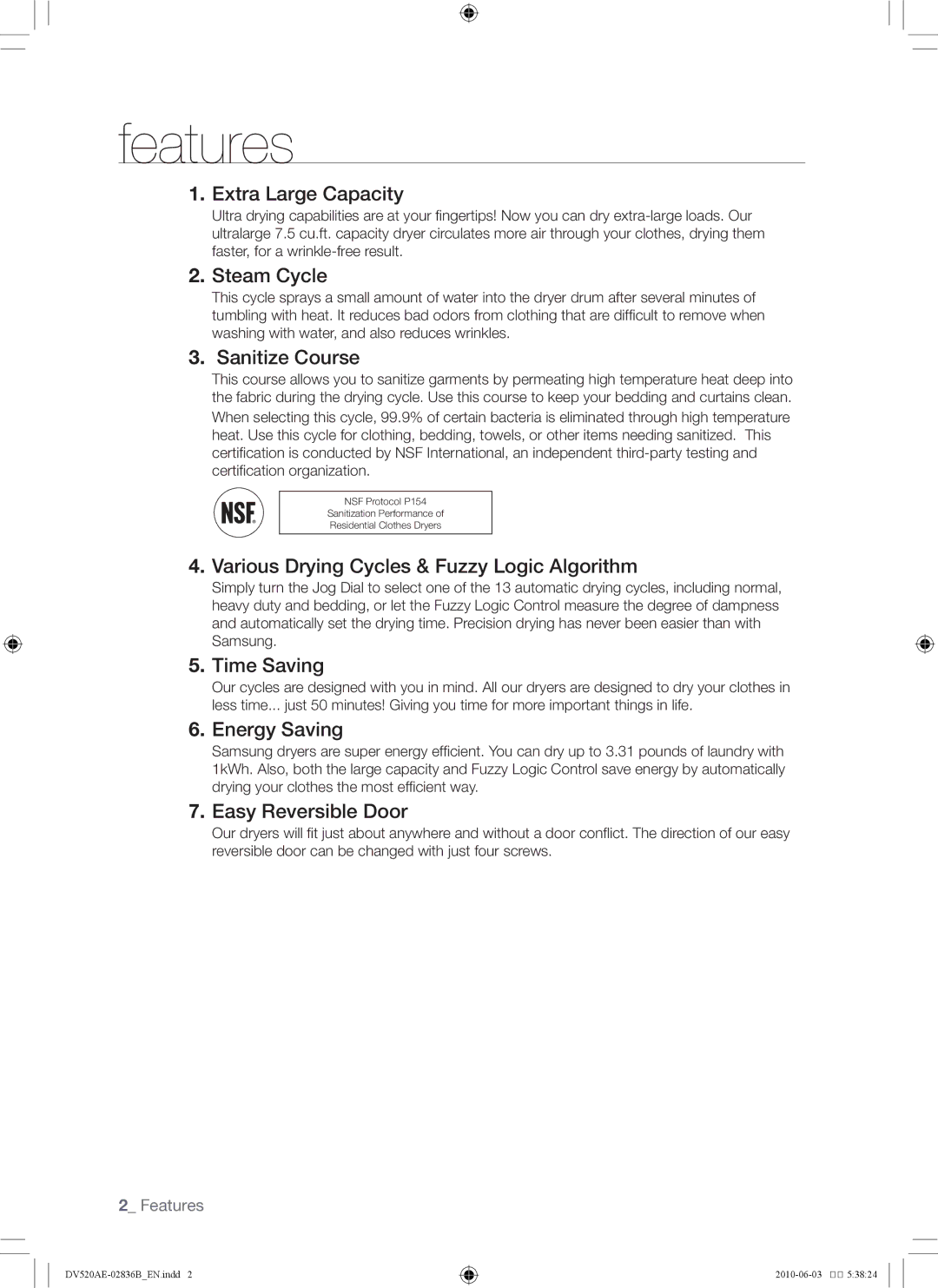 Samsung DC68-02836B user manual Features 