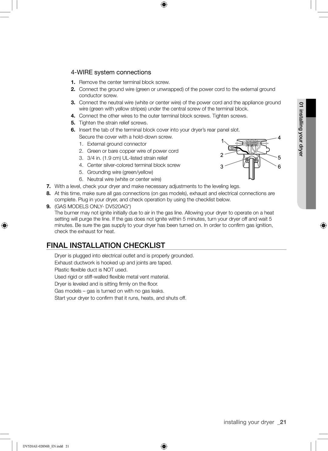 Samsung DC68-02836B user manual Final installation checklist, GAS Models ONLY- DV520AG 