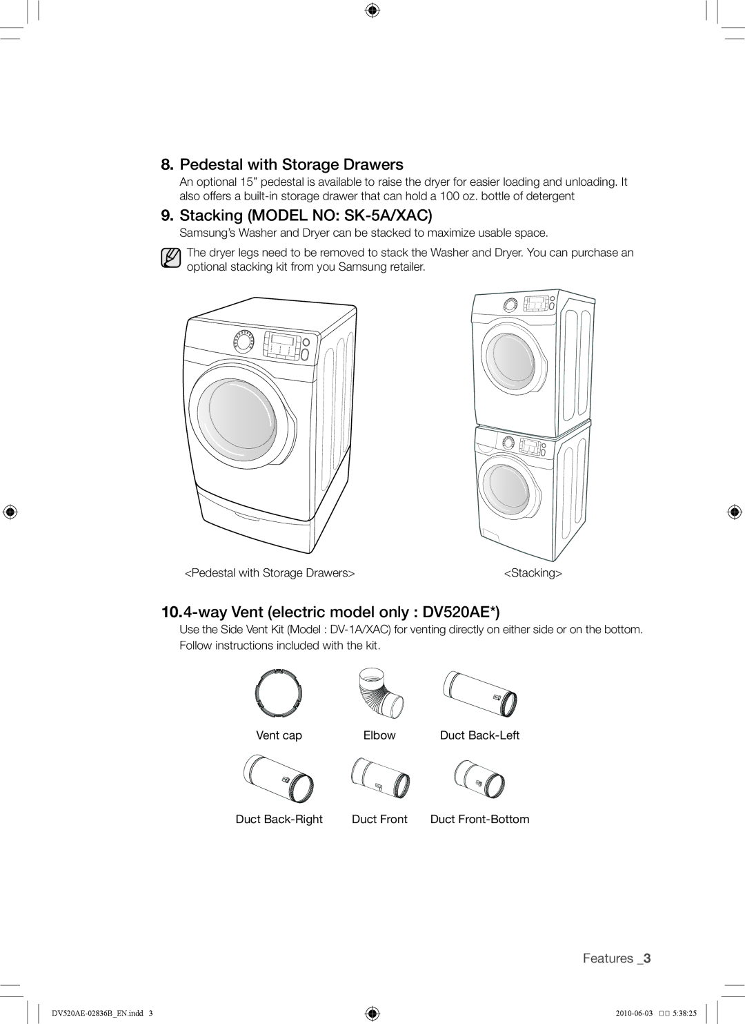 Samsung DC68-02836B Pedestal with Storage Drawers, Stacking Model no SK-5A/XAC, Way Vent electric model only DV520AE 