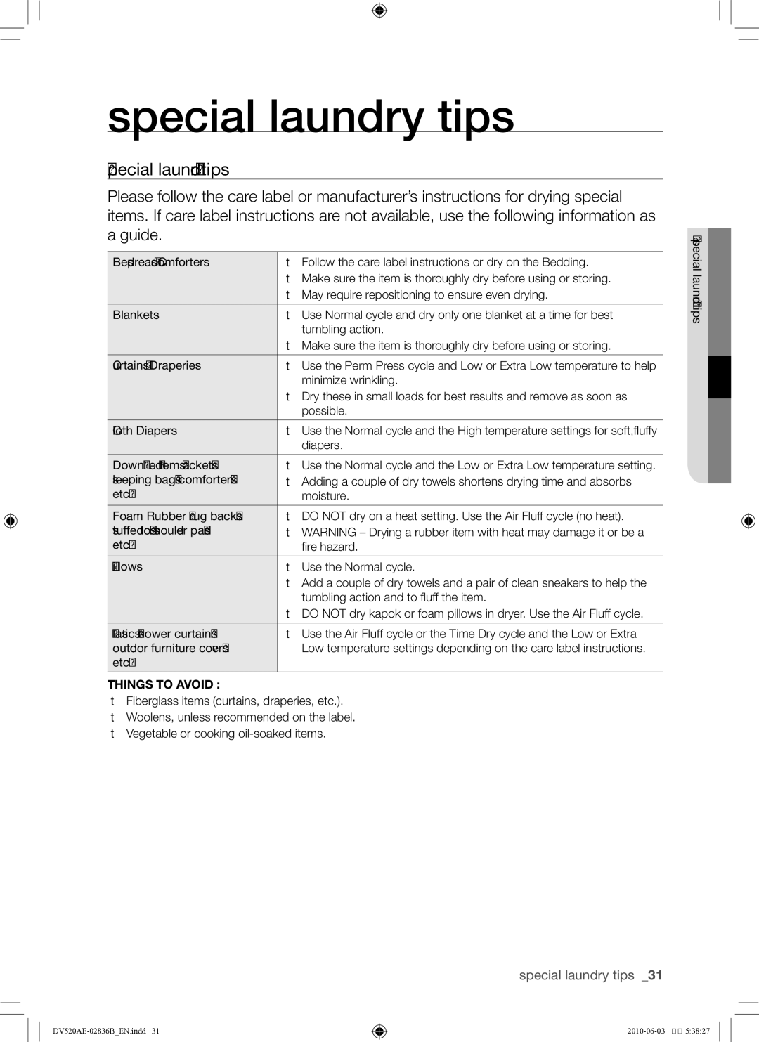 Samsung DC68-02836B user manual Special laundry tips, Things to Avoid 