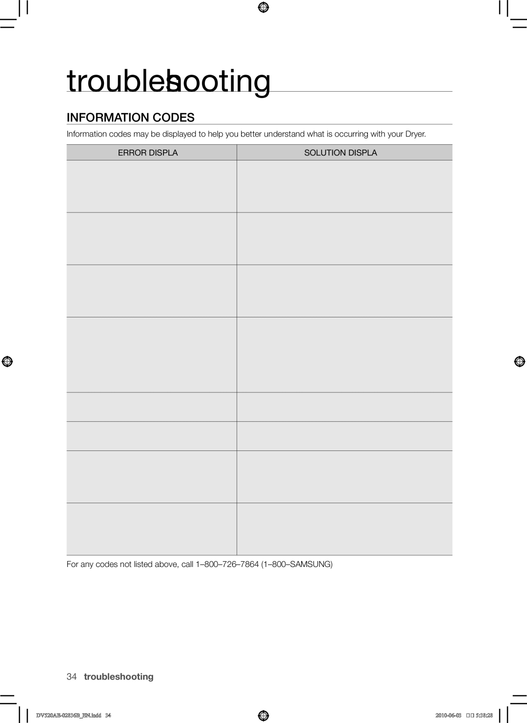 Samsung DC68-02836B user manual Information codes, Error Display Solution Display 