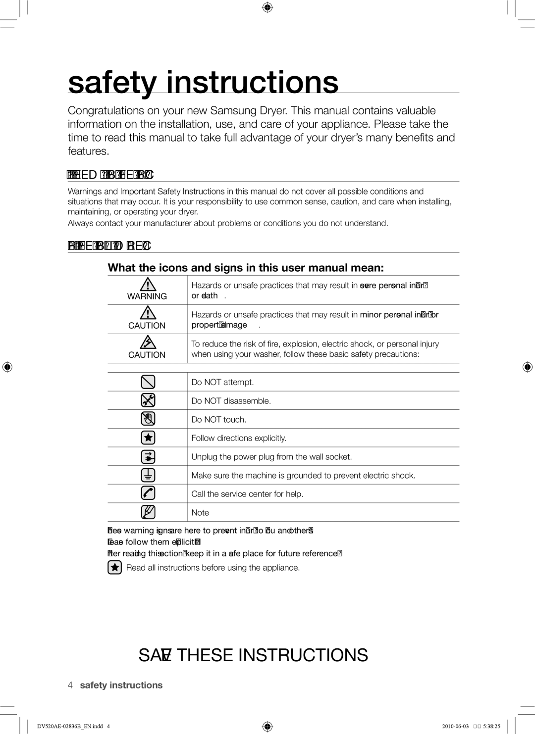 Samsung DC68-02836B user manual Safety instructions, What you need to know about Safety Instructions 