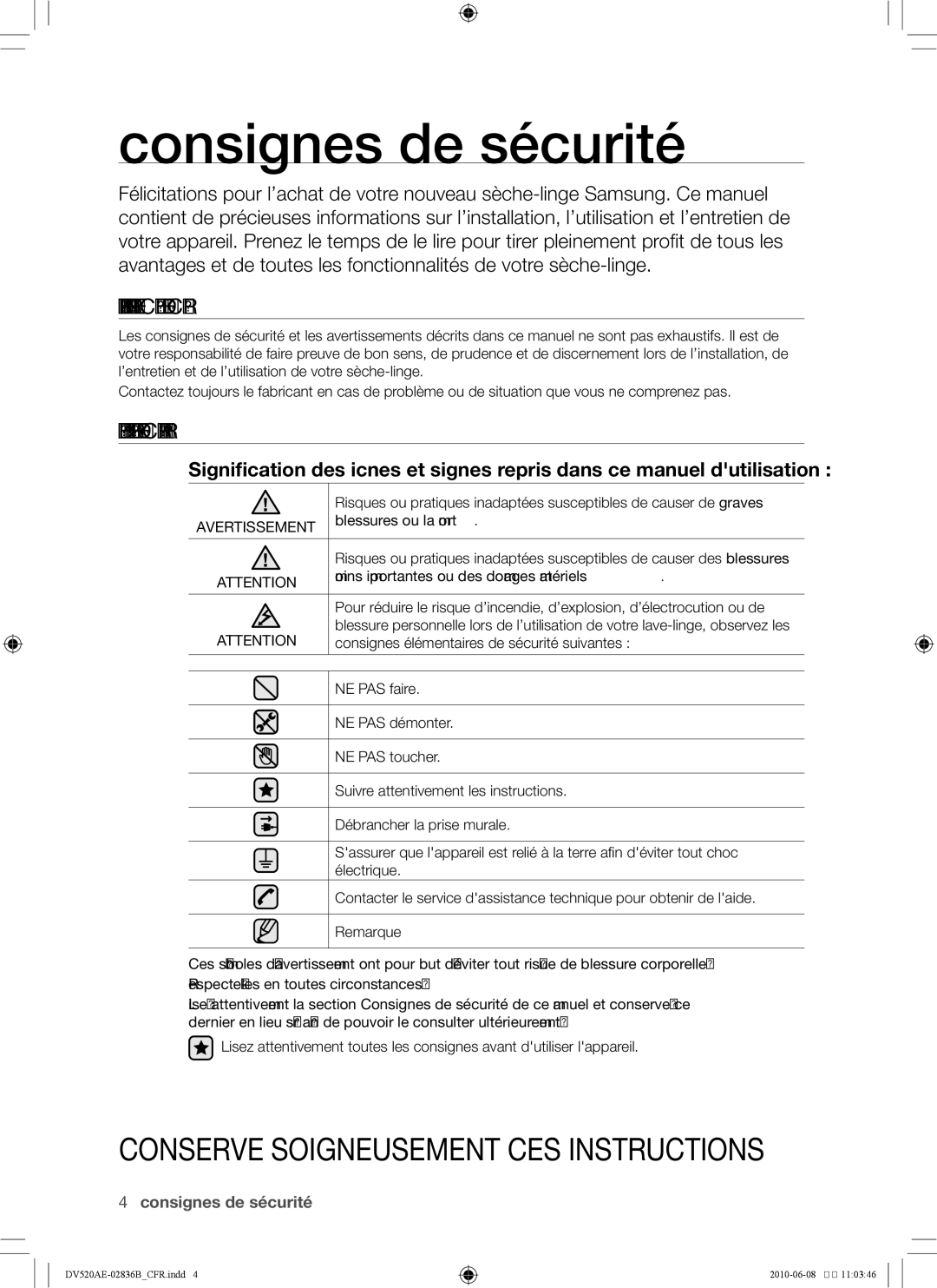 Samsung DC68-02836B user manual Consignes de sécurité, Remarques importantes sur les consignes de sécurité, Avertissement 