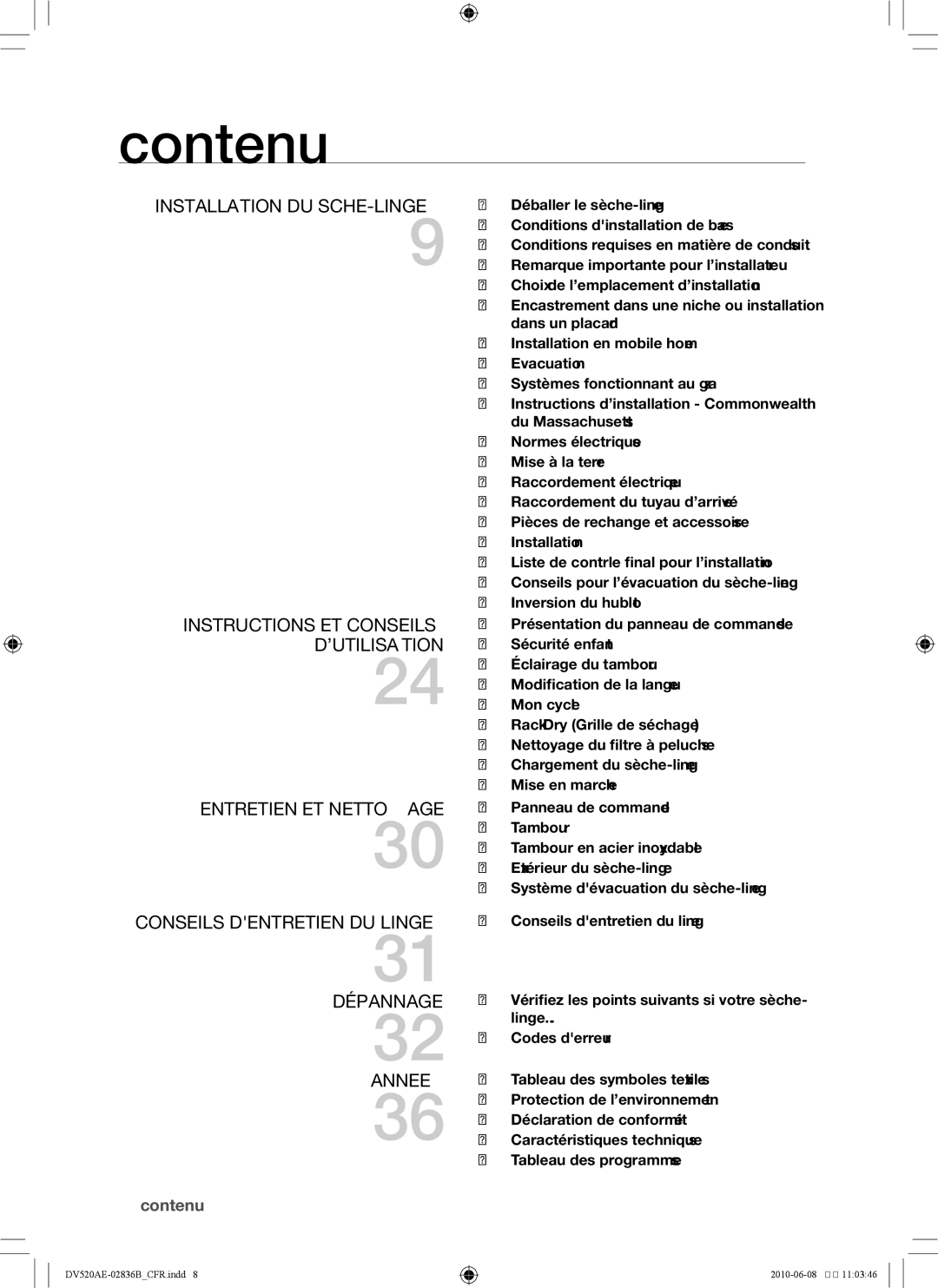 Samsung DC68-02836B user manual Contenu, Conseils dentretien du linge Dépannage Annexe 