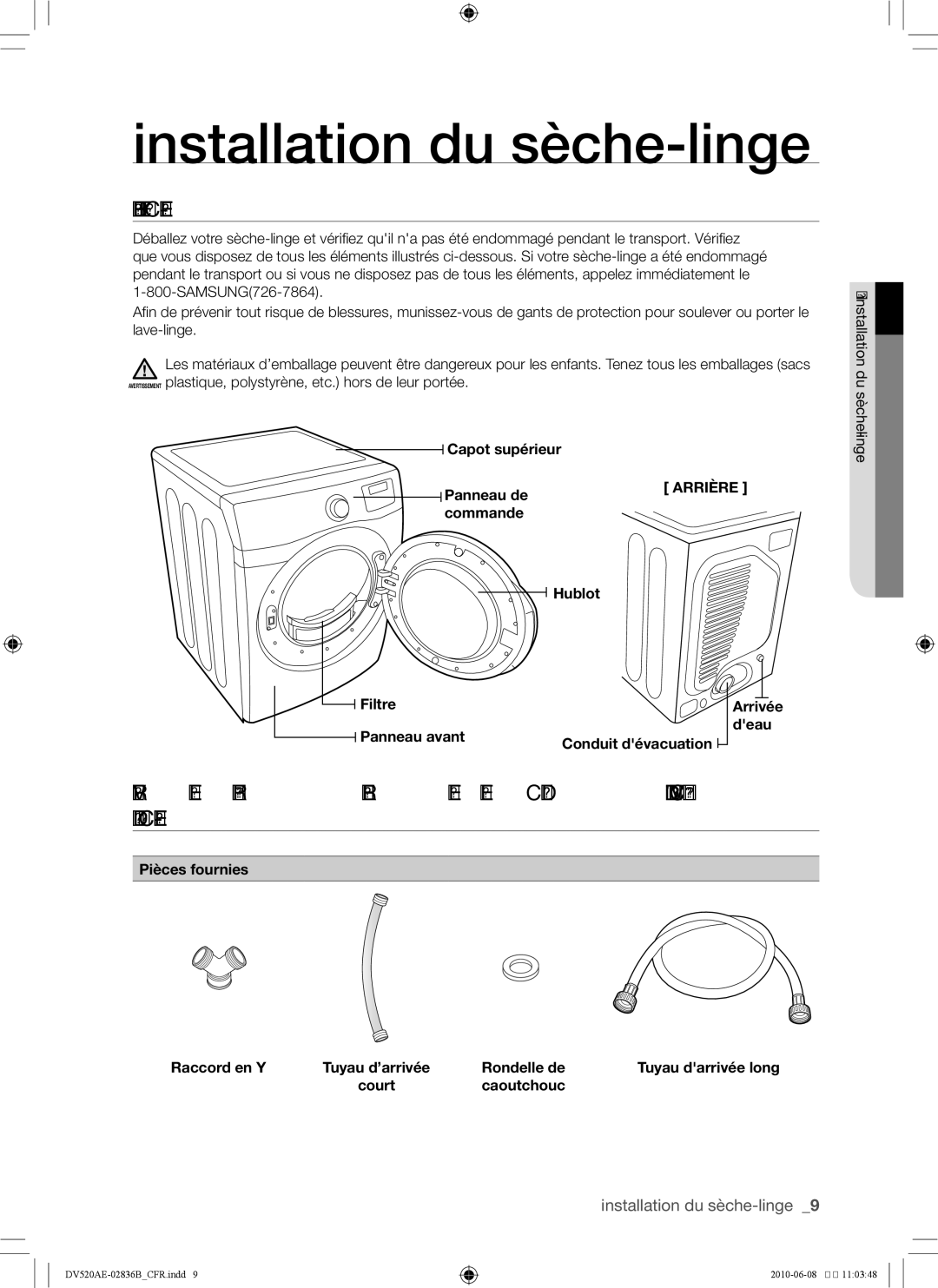 Samsung DC68-02836B user manual Installation du sèche-linge, Déballer le sèche-linge, Arrière 