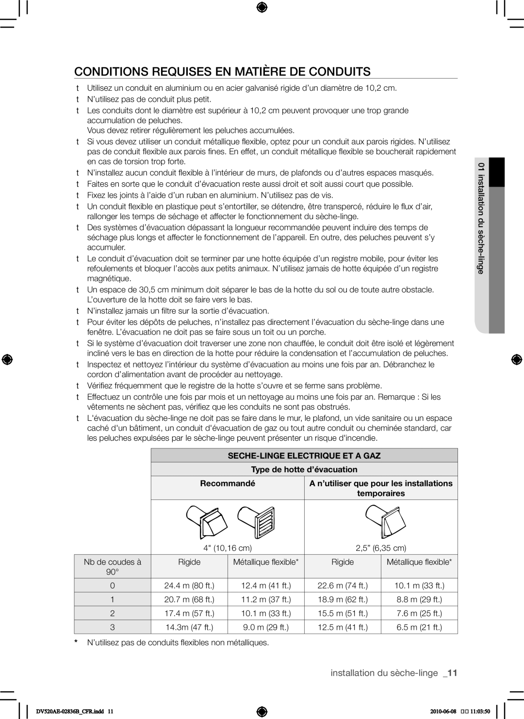 Samsung DC68-02836B user manual Conditions requises en matière de conduits, SECHE-LINGE Electrique ET a GAZ 