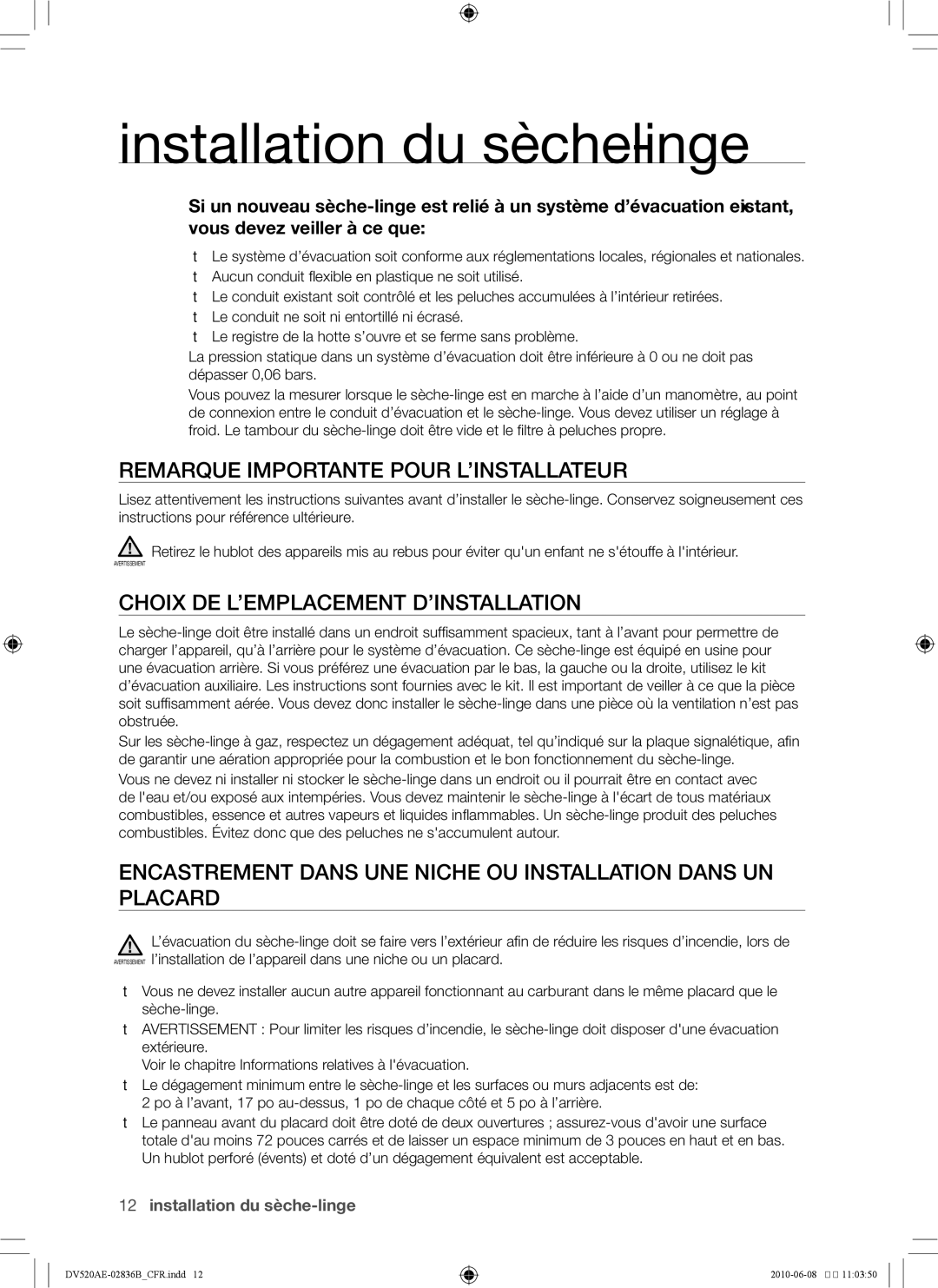 Samsung DC68-02836B user manual Remarque importante pour l’installateur, Choix de l’emplacement d’installation 