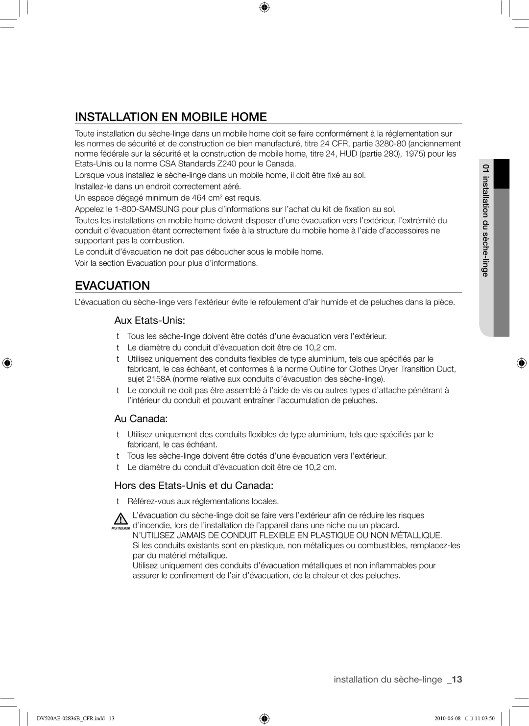 Samsung DC68-02836B Installation en mobile home, Evacuation, Aux Etats-Unis, Au Canada, Hors des Etats-Unis et du Canada 